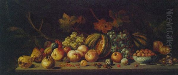 Melons, Grapes, A Bowl Of Strawberries And Other Fruit On A Table Oil Painting by Jan Van Huysum