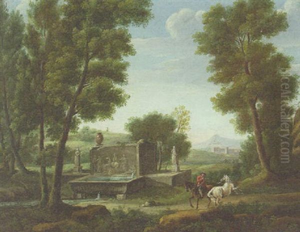 An Italianate Landscape With Travellers By A Classical Fountain Oil Painting by Jan Van Huysum