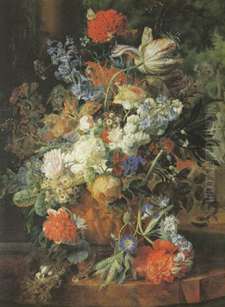 Still Life Of Roses, Hyacinths And Other Flowers In A Terracotta Urn, Together With A Bird's Nest Oil Painting by Jan Van Huysum