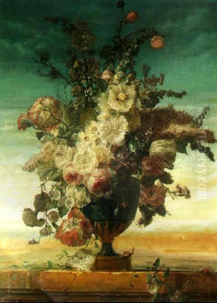 Still Life With Flowers In An Urn On A Ledge Oil Painting by Jan Van Huysum