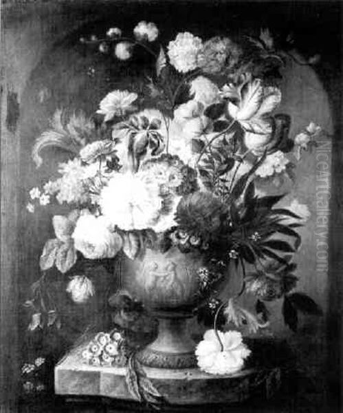 Still Life Of Mixed Flowers In A Terracotta Urn On A Ledge Oil Painting by Jan Van Huysum