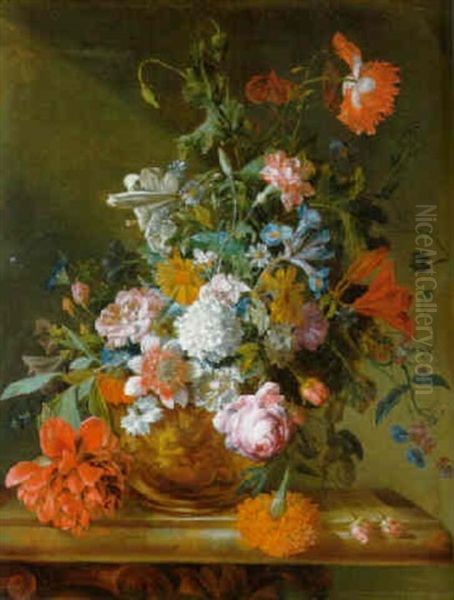 Flowers In A Sculpted Urn On A Plinth Oil Painting by Jan Van Huysum