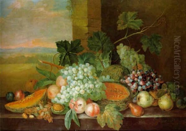 Fruits And Nuts On A Ledge, A Landscape Beyond Oil Painting by Jan Van Huysum