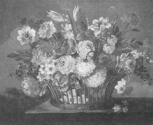 Still Life Of Flowers In A Basket On A Table Oil Painting by Jan Van Huysum