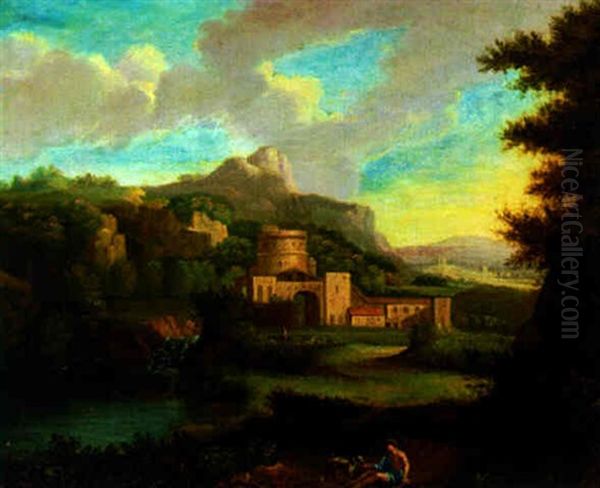 A Mountainous Landscape With A Shepherd Resting By A Waterfall, A Castle Beyond Oil Painting by Jan Van Huysum