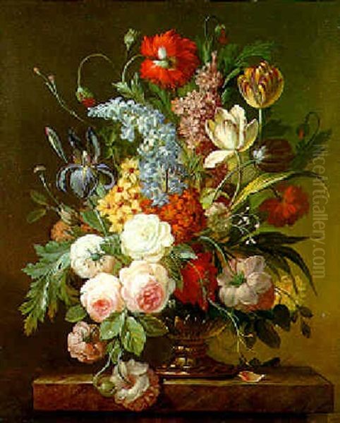 Mixed Flowers In A Vase On A Marble Ledge Oil Painting by Jan Van Huysum