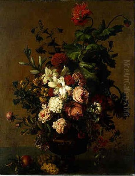 Roses, Lilies, Aquilegia, Nasturtiums, Poppies, A Sunflower And Other Flowers In A Vase, With Grapes And An Apple On A Stone Ledge Oil Painting by Jan Van Huysum