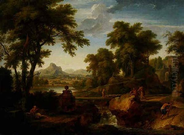 An Arcadian Landscape With A Shepherd Crossing A Bridge And Other Figures In The Foreground Oil Painting by Jan Van Huysum