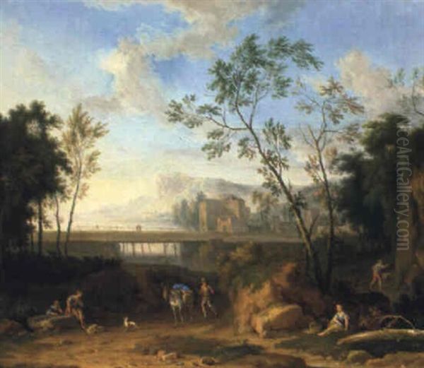 Veduta Campestre Con Viandanti E Un Ponte Oil Painting by Jan Van Huysum