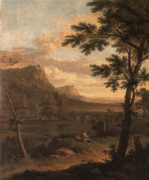 An Arcadian Landscape With Figures Conversing On A Riverbank Oil Painting by Jan Van Huysum