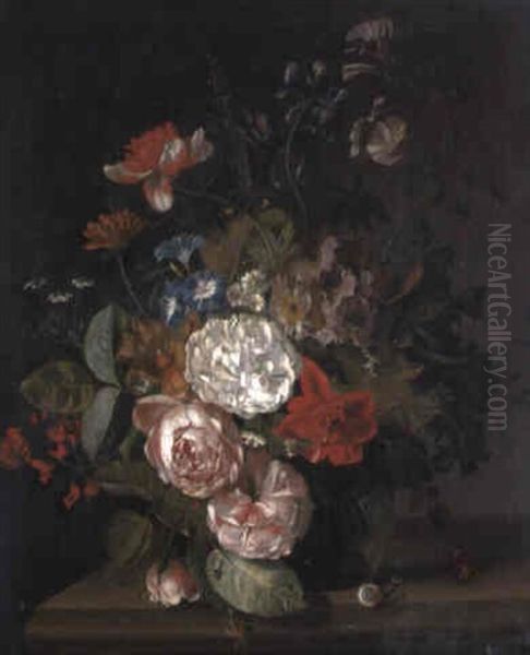 Roses, Primulas...in A Glass Vase On A Ledge Oil Painting by Jan Van Huysum