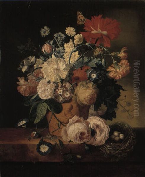 Pink And White Roses And Other Flowers And A Bird's Nest On A Ledge Oil Painting by Jan Van Huysum