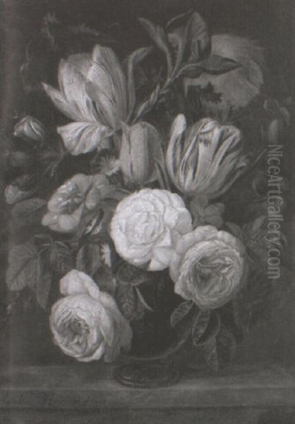 Still Life Of Roses And Other Flowers In A Vase Oil Painting by Jan Van Huysum