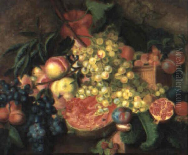 Still Life Of Fruit Upon A Table Top With A Basket Oil Painting by Jan Van Huysum