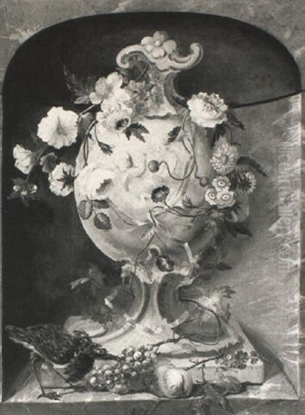 Flowers In A Vase Set In A Niche Oil Painting by Jan Van Huysum