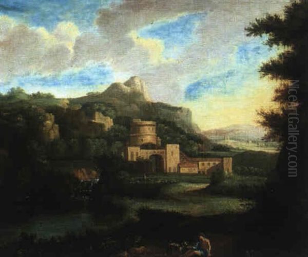 Arkadische Landschaft Mit Kastell Oil Painting by Jan Van Huysum