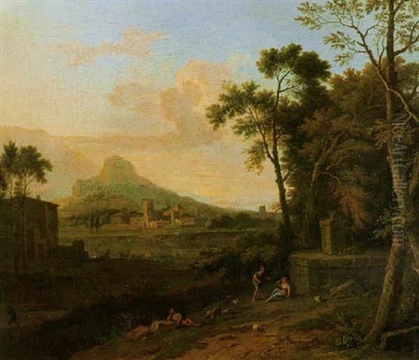 An Italianate Landscape With Shepherds...&       Peasants By A Waterfall In A Wooded Landscape Oil Painting by Jan Van Huysum