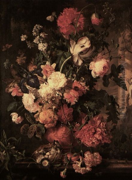 Flowers In A Terracotta Vase Decorated With Putti & Garlandson Marble Plinth With 3 Eggs. Garden With Female With Wreath Oil Painting by Jan Van Huysum