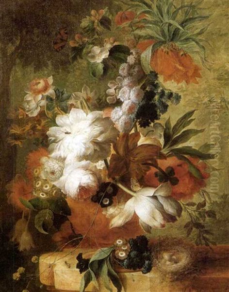 A Vase Of Flowers, Including Roses, Primroses, Tulips And   Apple Blossom, On A Pedestal With A Bird's Nest Oil Painting by Jan Van Huysum