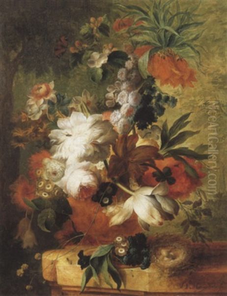 A Vase Of Flowers Including Roses Primoses Tulips And Apple Blossom On A Pedestal With A Birds Nest Containing Brown Oil Painting by Jan Van Huysum