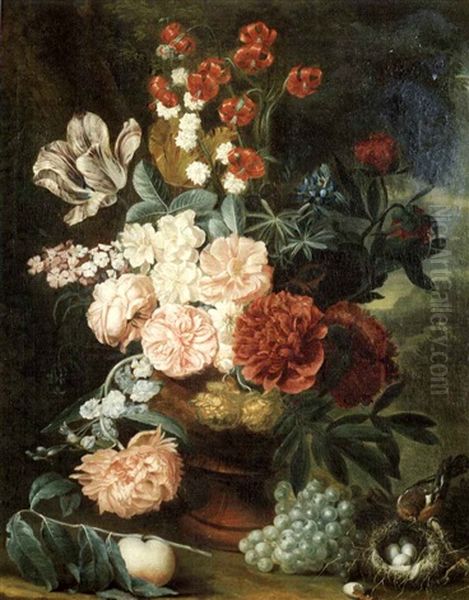 Still Life Of Flowers In A Vaswith Fruit And Da Bird's Nest Oil Painting by Jan Van Huysum