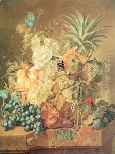 Plums, A Peach, Grapes, A Melon, A Pineapple, A Fig,        Currants, Cherries And Flowers In A Basket, And Grapes Oil Painting by Jan Van Huysum