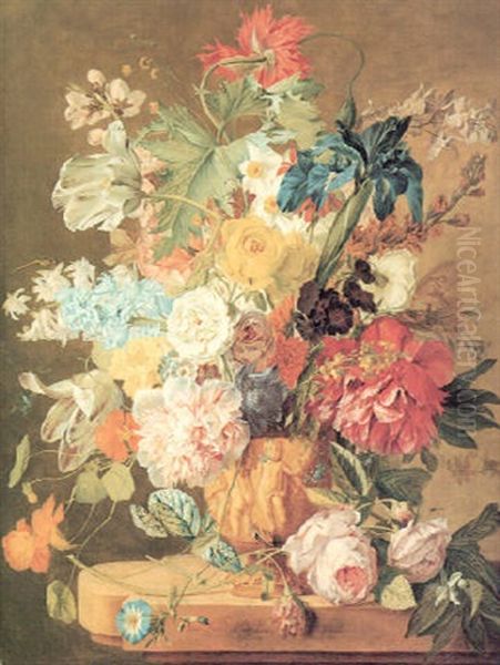 Roses, Peonies, Tulips, Morning Glory, And Iris, Columbine  A Poppy, Jonquils And Other Flowers In A Carved Urn Oil Painting by Jan Van Huysum