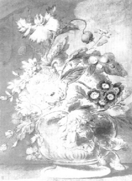 A Vase On A Ledge With Peoniesauricula And Morning Glory by Jan Van Huysum