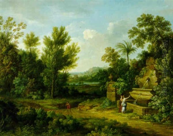 An Arcadian Landscape With Figures By A Fountain Oil Painting by Jan Van Huysum