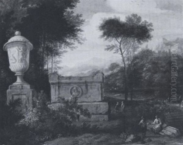 An Italianate Landscape With Figures By A Monumental Sarcophagus Oil Painting by Jan Van Huysum