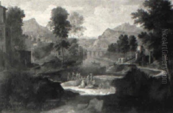 Italianate Landscape With Figures By A River Oil Painting by Jan Van Huysum