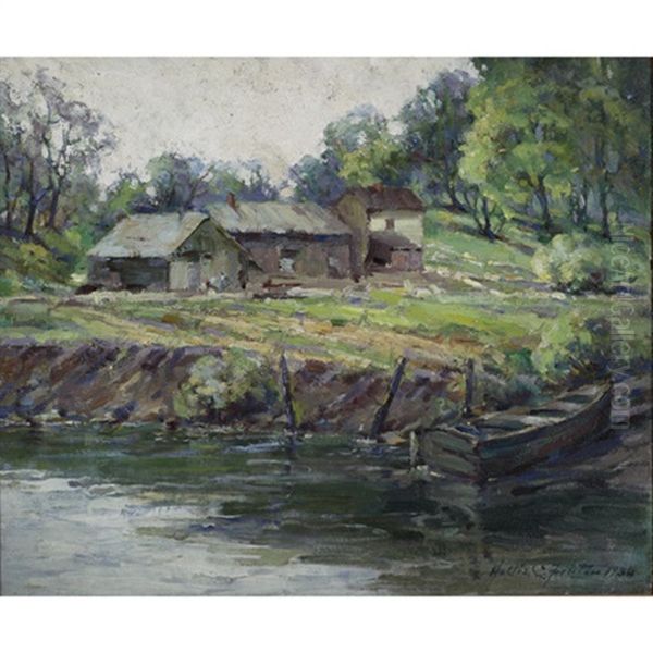 Farm Buildings By The River Oil Painting by Hallie Champlin (Hattie) Hyde