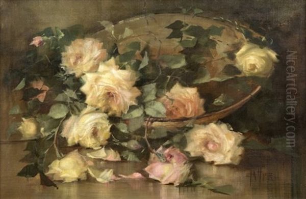 Still Life Of Roses In A Basket Oil Painting by Florine A. Hyer