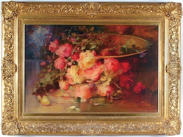 Still Life With Roses Oil Painting by Florine A. Hyer