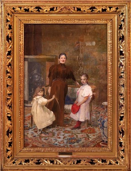 Portrait Of Mrs Hruskova With Children by Vojtech Adalbert Hynais