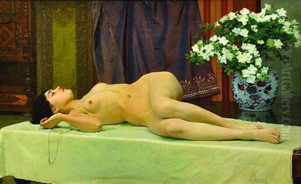 Lying Nude Oil Painting by Vojtech Adalbert Hynais