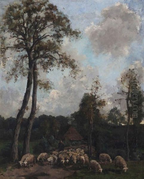 Berger Aux Moutons Pres D'une Ferme Et D'arbres Hauts Oil Painting by Arend Hyner