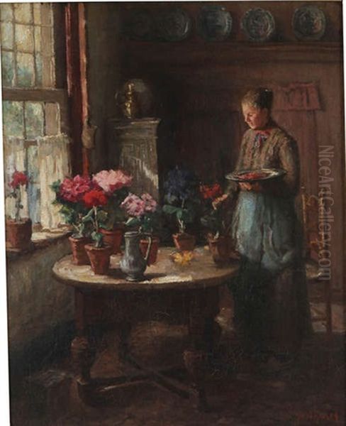 Interieur Anime D'une Jeune Femme Rangeant Des Fleurs Oil Painting by Arend Hyner