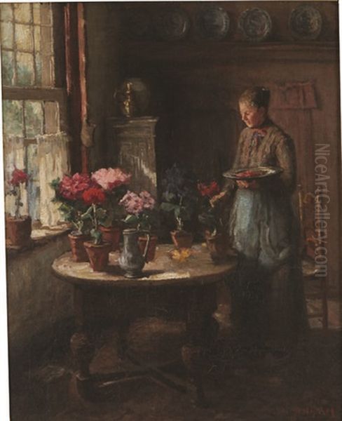 Interieur Anime D'une Jeunne Femme Rangeant Des Fleurs Oil Painting by Arend Hyner