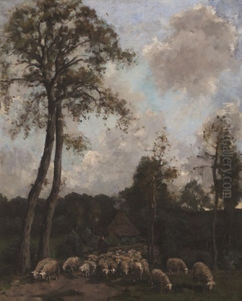 Berger Aux Moutons Pres D'une Ferme Et D'arbres Hauts Oil Painting by Arend Hyner