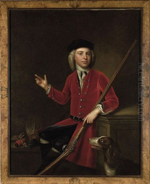 Portrait Of A Young Man, His Gun Under His Left Arm And His Hound By His Side, With A Dead Pheasant And Game Birds On A Ledge Oil Painting by Hans Hysing