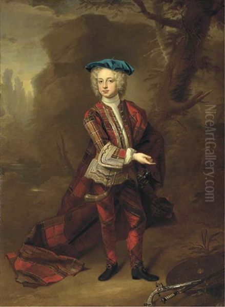 Portrait Of Thomas Osborne, Earl Of Danby, Later 4th Duke Of Leeds And 3rd Viscount Dunblane, In Highland Costume, With A Targe, A Sword And A Pistol Beside Him, In A Landscape Oil Painting by Hans Hysing