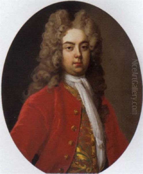 Portrait Of A Gentleman In A Red Coat With A Gold Patterned Waistcoat Oil Painting by Hans Hysing