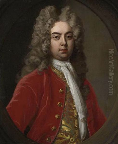 Portrait Of A Gentleman In A Red Coat With A Gold Patterned Waistcoat Oil Painting by Hans Hysing