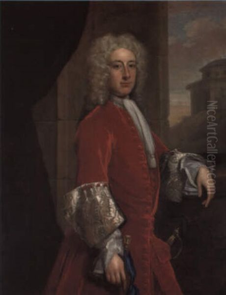 Portrait Of A Gentleman, In Red Coat, By A Window Oil Painting by Hans Hysing