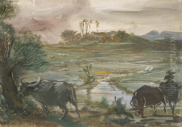 Paddy Fields In Annam, Indochina Oil Painting by Alexander Evgenievich Iacovleff