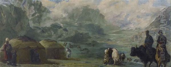 Kirghiz Encampment On The Roof Of The World Oil Painting by Alexander Evgenievich Iacovleff