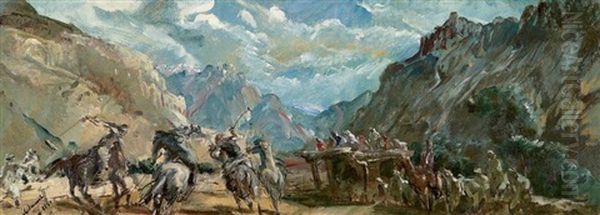 Joueurs De Polo A Misgar (himalaya Pamir) Oil Painting by Alexander Evgenievich Iacovleff