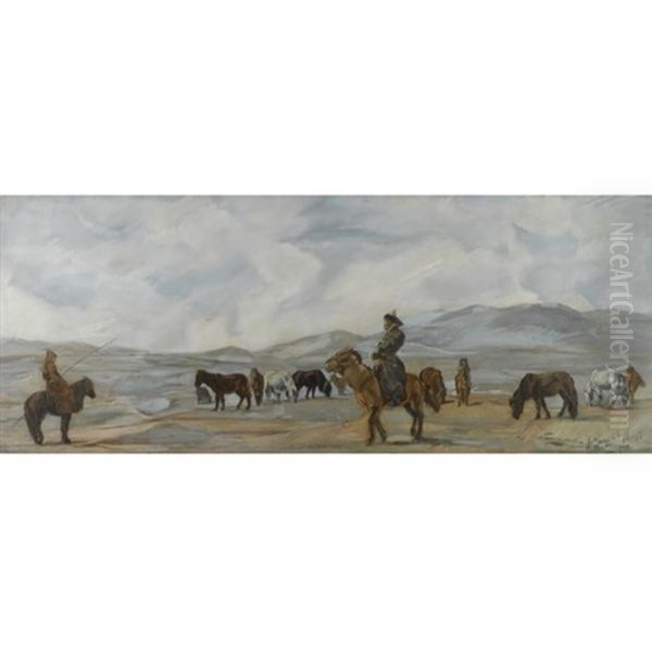 Mongolian Horsemen Oil Painting by Alexander Evgenievich Iacovleff