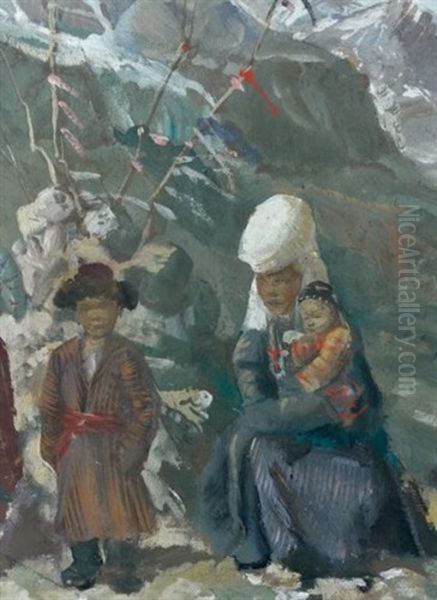 Femmes Kirghiz Et Leurs Enfants Dans L'himalaya Oil Painting by Alexander Evgenievich Iacovleff